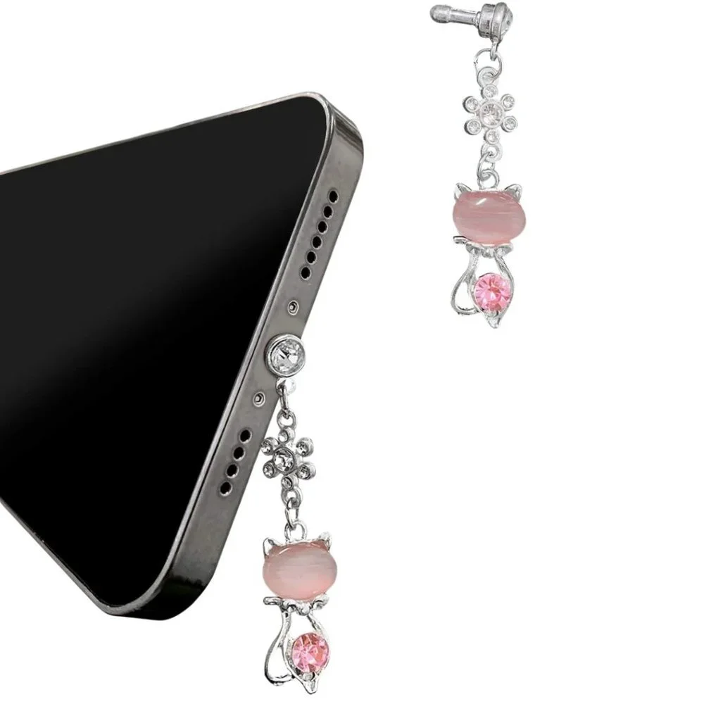 Cell Phone Dust Plug Charm 3.5 mm Plug Crystal Flower Pink Stone Cat